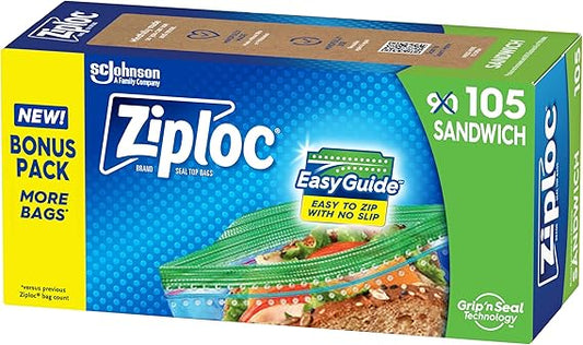 Ziploc Sandwich & Snack Bags – EasyGuide Texture, Grip ‘n Seal, 105 Count