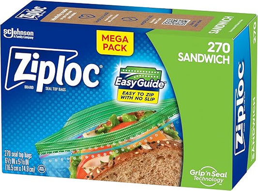 Ziploc Sandwich & Snack Bags – EasyGuide Texture, Grip ‘n Seal, 270 Count